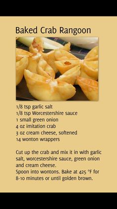 the recipe for baked crab rangoon is shown in english and chinese words, along with instructions on how to bake them