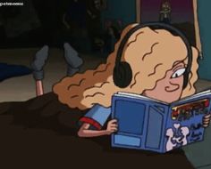 a cartoon girl with headphones reading a book