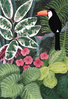 a painting of a toucan in the jungle surrounded by tropical plants and flowers