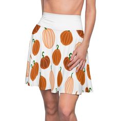 A fun and festive pumpkin-themed women's skater skirt perfect for Halloween and fall festivities. Made with high-quality 95% Polyester 5% Spandex for durability and comfort. Features a double waistband for a comfortable fit and 4-way stretch for freedom of movement. Ideal for women looking for a cute and stylish addition to their holiday wardrobe. Product features - 95% Polyester 5% Spandex for durability and stretching - Double waistband for comfortable fit - 4-way stretch for freedom of moveme Halloween Party Outfit, Halloween Party Outfits, Fall Festivities, Orange Skirt, Halloween Orange, Festival Clothing, Fashion Autumn, Pumpkin Theme, Harvest Festival