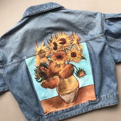 "Lovely denim jacket with Van Gogh \"Sunflowers\" art design is waiting exactly for you. Have you ever dreamed about one-of-a-kind denim jacket with exclusive hand-painted art? I am professional and long-time experienced artist with particular specialization in denim and clothes painting would love to make your dream comes true! Alternatively, please let me know any idea you may have in order to work out your perfect design together. The image could be of any kind including reproduction, photo, Artistic Denim Outerwear For Spring, Spring Denim Outerwear Hand Painted, Spring Hand Painted Denim Outerwear, Artistic Blue Denim Jacket For Spring, Artistic Long Sleeve Denim Jacket For Spring, Artistic Fitted Denim Jacket For Spring, Artistic Fitted Denim Jacket, Artistic Denim Outerwear For Fall, Artistic Hand Painted Denim Jacket For Fall