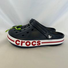 Crocs Bayaband Clog - New With Tags And Comes In It's Original Packaging. These Unisex Clogs Are Blue With White And Red Trim Around The Bottom. Sizes: Women 7 / Men 5 Women 8 / Men 6 Women 9 / Men 7 Confidently Comfortable - Sleek, Fashion-Athletic Spirit . It Is A Go-Anywhere Style Staple That Lets You Slide In And Stay Cool While Throwing Off An Extra Pop Of Crocs Spirit! Casual Adjustable Slip-on Clogs, Crocs Aesthetic, Fun Slippers, Crocs Crocband, Women's Crocs, Slide In, Crocs Shoes, Gta 5, Sleek Fashion