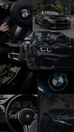 the interior of a bmw car is shown in this collage