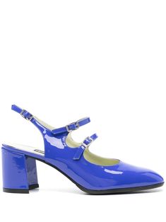 cobalt blue calf leather patent finish buckle-fastening slingback strap two buckle-strap fastenings 60mm mid block heel round toe branded leather insole leather and rubber sole This piece comes complete with a protective dust bag. Carel Paris, White Leather Sandals, Patent Leather Bag, Upcycled Leather, Designer Pumps, Blue Pumps, Wooden Shoes, Elegant Shoes, Mary Jane Pumps