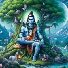 the avatar of lord rama sitting in front of a tree with many animals around it