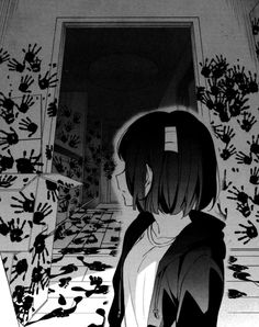 an anime character standing in front of a door