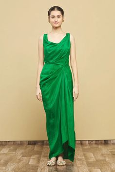 Pre-draped Green Evening Dress, Pre-draped Sleeveless Gala Dress, Pre-draped Cowl Neck Dress For Gala, Pre-draped Green Draped Evening Dress, Pre-draped Silk Evening Dress, Pre-draped Green Ruched Dress, Sleeveless Pre-draped Ruched Evening Dress, Green Draped Cocktail Dress, Silk Cowl Neck Dress For Gala