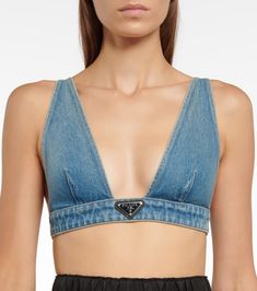 Prada - Logo denim bralette | Mytheresa Prada Denim, Ropa Upcycling, Denim Swimsuit, Prada Top, Bralette Outfit, Diy Vetement, Denim Crop Top, Street Style Edgy