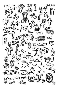 a black and white drawing of various symbols