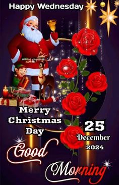 a christmas card with santa claus holding a bell and roses in front of the words merry christmas