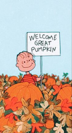 a cartoon character holding a sign in the middle of pumpkins with words welcome great pumpkin written on it