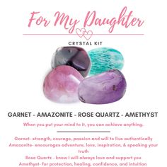 "Healing Crystals For My Daughter will help keep her focused on her goals and dreams. Let her know that when you put your mind to it, you can achieve anything! Included in this crystal kit are 4 crystals: ♥️ Garnet - strength, courage, passion, and will to live authentically 💚 Amazonite - encourages adventure, love, inspiration, & speaking your truth 💖 Rose Quartz - know I will always love and support you 💜 Amethyst - for protection, healing, confidence, and intuition ➡️ Each stone ranges fro Crystal Jars, Crystal Kits, Speaking Your Truth, Lava Stone Jewelry, Special Daughter, Live Authentically, Will To Live, Globe Amaranth, Pyrite Bracelet