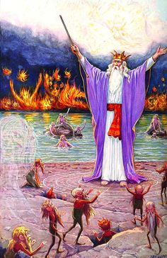 an image of a man standing in the water surrounded by other men and women, with fire