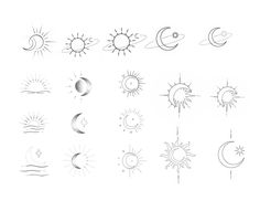 the sun, moon and stars are drawn in pencil on a white paper with black ink