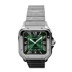 Description Guaranteed Authentic Brand-New Men' Cartier Santos Collection with a 40mm stainless steel case. This fine timepiece is brand-new and features a Green dial with Roman numerals, mechanical movement, and a stainless steel bracelet, comes with extra green leather strap. The watch is brand new, fully stickered, factory sealed. It comes with a Two Year Warranty from Da Vinci Fine Jewelry, Inc., a Cartier box, Cartier certificate, instructions, and Certified Retail Appraisal from Da Vinci F Luxury Green Watch With Rectangular Dial, Luxury Watches With Tachymeter And Rectangular Dial, Luxury Watch With Tachymeter And Rectangular Dial, Classic Watches With Tachymeter And Rectangular Dial, Luxury Rectangular Dial Watch With Tachymeter, Classic Rectangular Dial Watch With Tachymeter, Luxury Green Watch With Polished Finish, Luxury Green Watches With Polished Finish, Luxury Stainless Steel Watch With Polished Finish