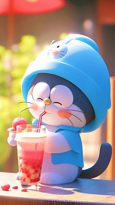 a cartoon character holding a drink next to a cat