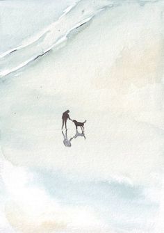 a watercolor painting of a person and a dog walking in the snow on a cloudy day