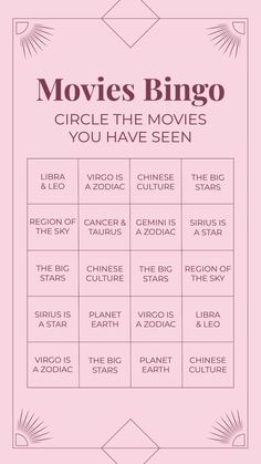 a pink poster with the words movies bingo on it