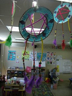 a room filled with lots of different items hanging from it's ceiling and decorations on the ceiling