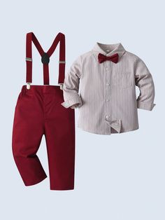 2pcs Baby Boys Gentleman Style Fashion Long Sleeve Shirt With Bow Tie And Suspender Pants Set, Suitable For Birthday, Christmas Party, Ceremony, Wedding, Christening Anniversary, Holidays Red   Long Sleeve Fabric Geometric,Plain  Non-Stretch  Baby Boys Clothing, size features are:Bust: ,Length: ,Sleeve Length: Gentleman Mode, Style Gentleman, Suspender Pants, Pantalon Large, Cosplay Dress, Gentleman Style, Inspiration Mode, Boys Clothing, Kids Beachwear