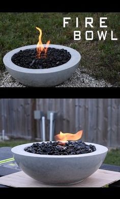 an outdoor fire pit made out of concrete with flames coming out of the top and bottom