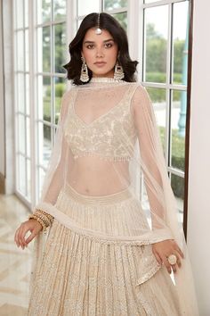 Buy Ivory Georgette Embroidery Sequin Leaf Neck Lehenga Blouse Set For Women by Basanti - Kapde Aur Koffee Online at Aza Fashions in CA