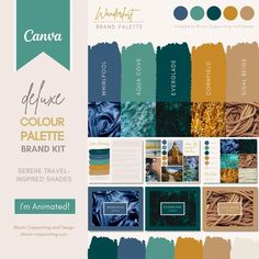 the color palette is shown in shades of blue, green and yellow with text that reads canva