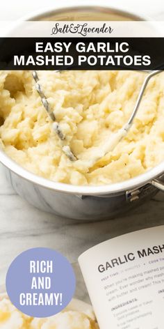 mashed potatoes in a pot with text overlay reading easy garlic mashed potatoes