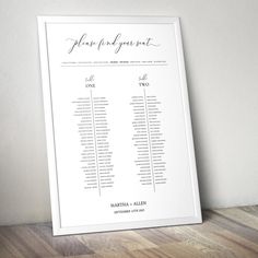 a wedding seating chart is displayed on the wall in front of a wood floor and white walls