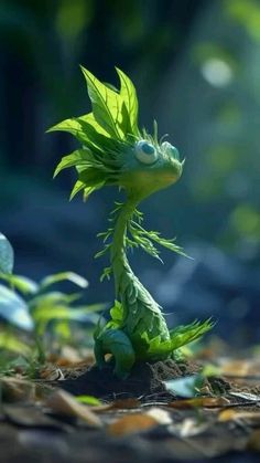 a small green toy sitting on top of leaves in the grass with sunlight streaming through it