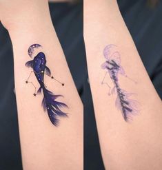 two tattoos with different designs on their arms