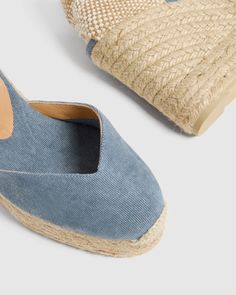 True to size. SHOW OFF YOUR UNIQUE STYLE WITH CHIARA, OUR ICONIC ESPADRILLES THAT YOU CAN WEAR ON THOSE SPECIAL OCCASIONS. MADE IN SPAIN WITH WASHED ORGANIC COTTON, THE CHIARA ESPADRILLES FEATURE A V FRONT, ROUND CLOSED TOE, TIE CLOSE, 11 CM WEDGE AND DOUBLE VULCANISED-RUBBER SOLE. Castaner Espadrilles, Oxford Blue, Sheep Leather, Blue Interior, Soft Bristle Brush, Wardrobe Basics, Summer Staples, Leather Cleaning, Ankle Straps