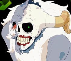 an animated image of a demon with green eyes and long horns on it's head