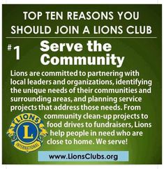 a sign that says, top ten reasons you should join lions club 2 making a difference