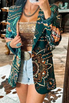 Beautiful Desert Paisley Print Blazer – castellbus Green Collared Fall Blazer, Trendy Cotton Blazer For Fall, Fall Bohemian Outerwear With Paisley Print, Summer Cotton Long Sleeve Blazer, Summer Cotton Blazer With Long Sleeves, Bohemian Spring Outerwear With Paisley Print, Bohemian Fitted Spring Blazer, Fitted Bohemian Long Sleeve Blazer, Elegant Fitted Paisley Print Outerwear