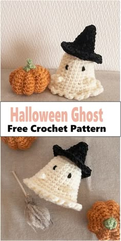 crocheted halloween ghost with pumpkins on the side and text overlay that says free crochet pattern