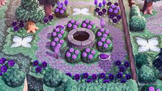 a game with purple flowers in the middle and trees around it, as well as people standing on either side