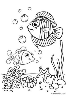 an underwater scene with fish and bubbles coloring pages for kids to print on the wall