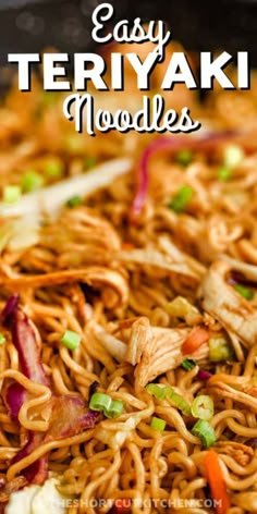 an easy teriyaki noodles recipe with chicken and vegetables in a skillet, ready to be eaten