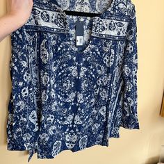 Brand New With Tags Never Worn Don’t Sell Anymore Soft And Comfy Material Indigo Printed Summer Tops, Summer Floral Print Indigo Top, Indigo Floral Print Tops For Summer, Indigo Tops For Spring Vacation, Floral Pullover, Navy Blue Blouse, Blue Floral Blouse, Casual Tie, Blue Embroidery