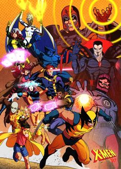 an image of some cartoon characters in front of a yellow and orange background with the words x - men on it