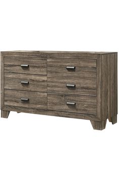 a wooden dresser with four drawers and metal handles