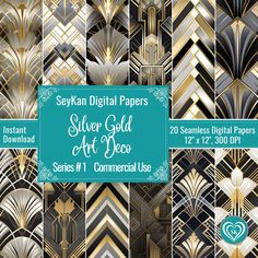 digital papers with gold and silver art deco designs