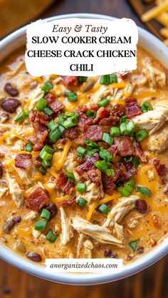 easy and tasty slow cooker cream cheese cracker chicken chili with bacon in a white bowl