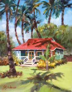 a painting of a red roofed house surrounded by palm trees