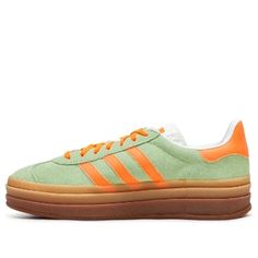 Green Adidas Sneakers With Three Stripes, Retro Green Adidas Sneakers, Green Sporty Sneakers With Three Stripes, Green Three Stripes Sports Sneakers, Green Three Stripes Sneakers For Sports, Green Sneakers With Three Stripes For Sports, Adidas Logo Sneakers Spring Sportswear, Adidas Gazelle Bold, Gazelle Bold