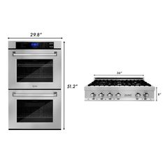 two ovens side by side with measurements for the top and bottom, one in stainless steel