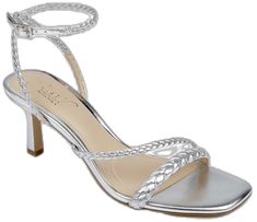 a women's silver high heeled sandal with braiding on the ankle