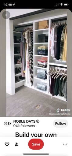 an open closet with clothes hanging on the shelves and texting to someone who is looking at them