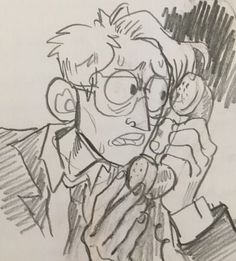 a drawing of a man with glasses holding a phone to his ear and looking at the camera